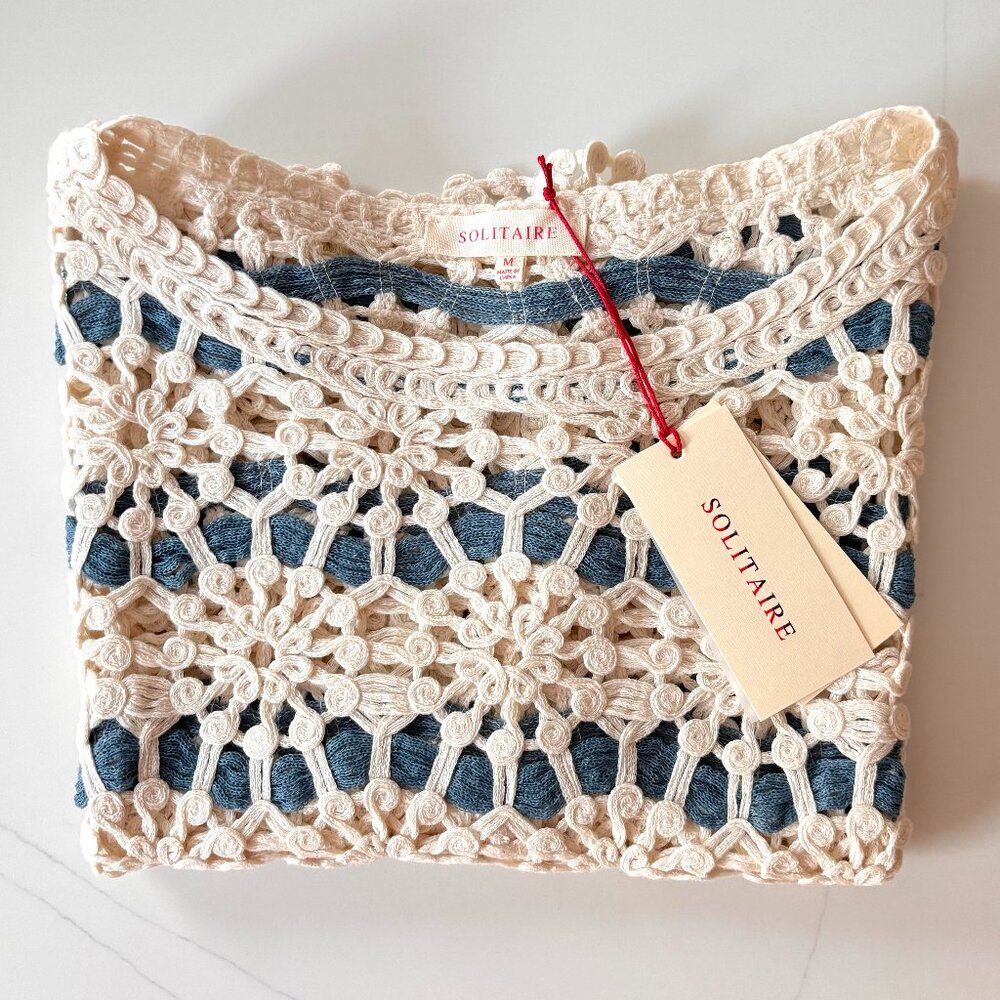 Solitaire Crochet Pullover Top Women's Sz M Round Neck Cap Sleeves Floral NWT - Picture 4 of 10